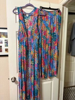 Kona Sol Multicolor Tropical Print Top & pants— Teal, Orange, Yellow, Pink